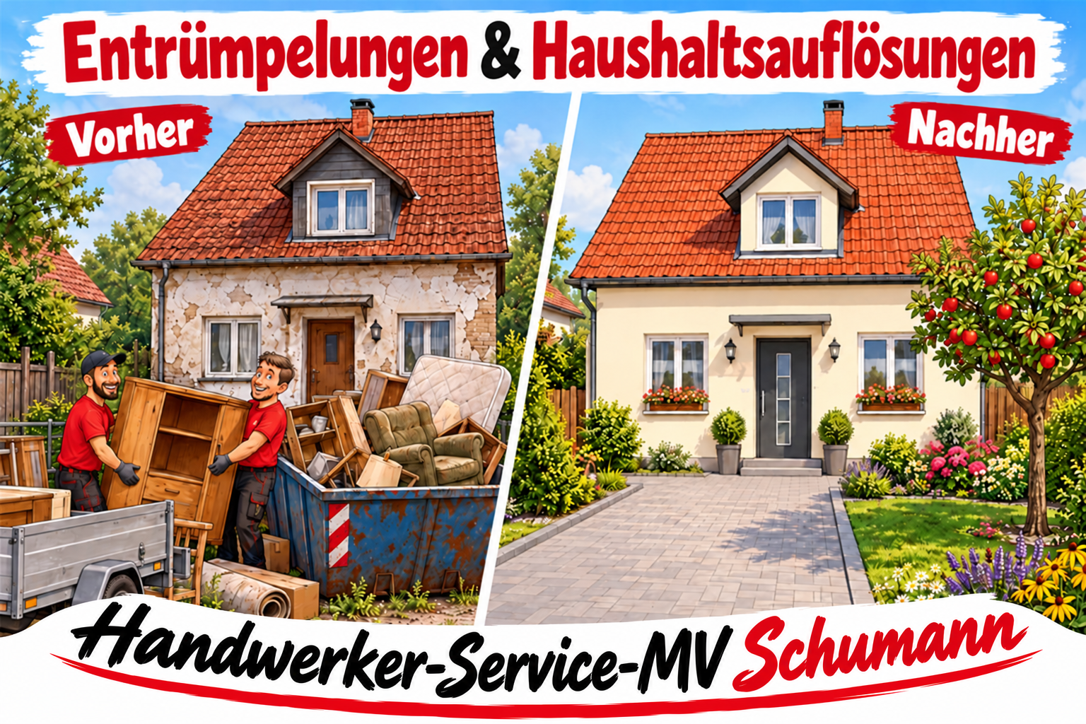 Vorher-nachher-Karikatur: Entrümpelung, Renovierung und Gartenarbeiten – Handwerker-Service-MV Schumann
