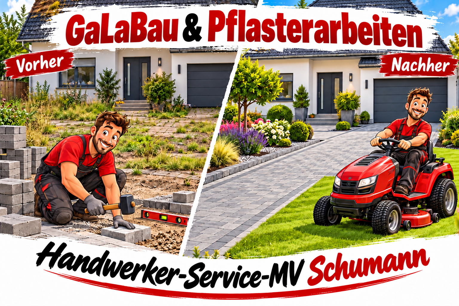 Vorher-nachher-Karikatur für GaLaBau und Pflasterarbeiten: Pflasterer beim Verlegen und gepflegter Garten mit Rasenmähertraktor