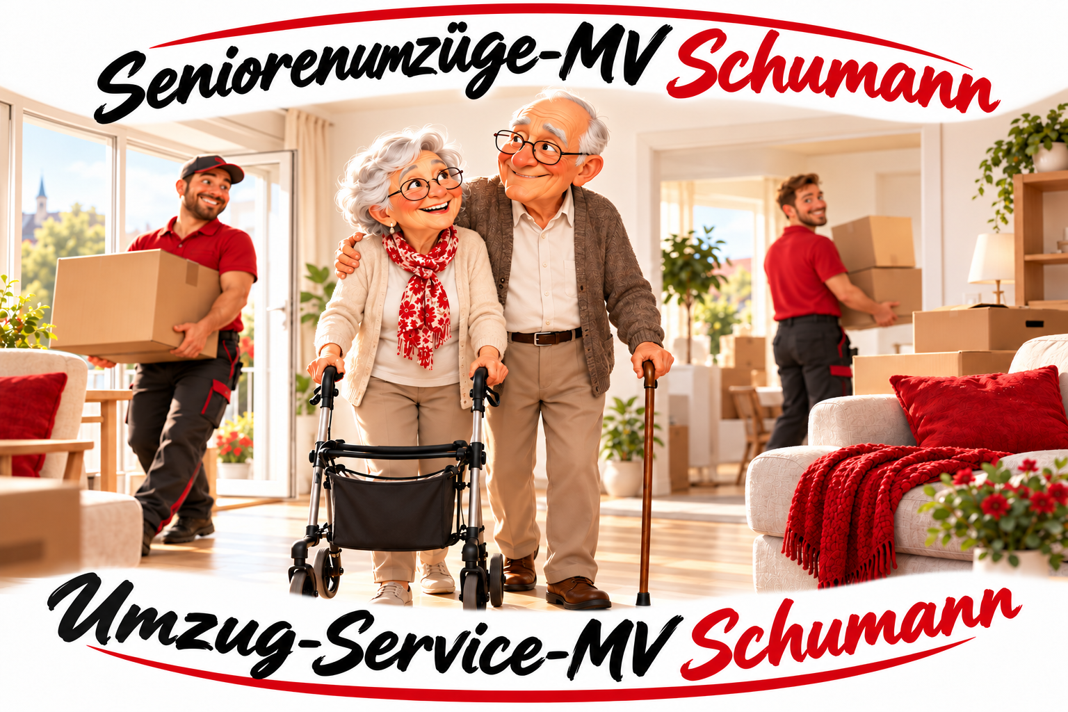 Karikatur: glückliches Seniorenpaar mit Rollator und Gehstock beim Umzug, unterstützt von Umzugshelfern