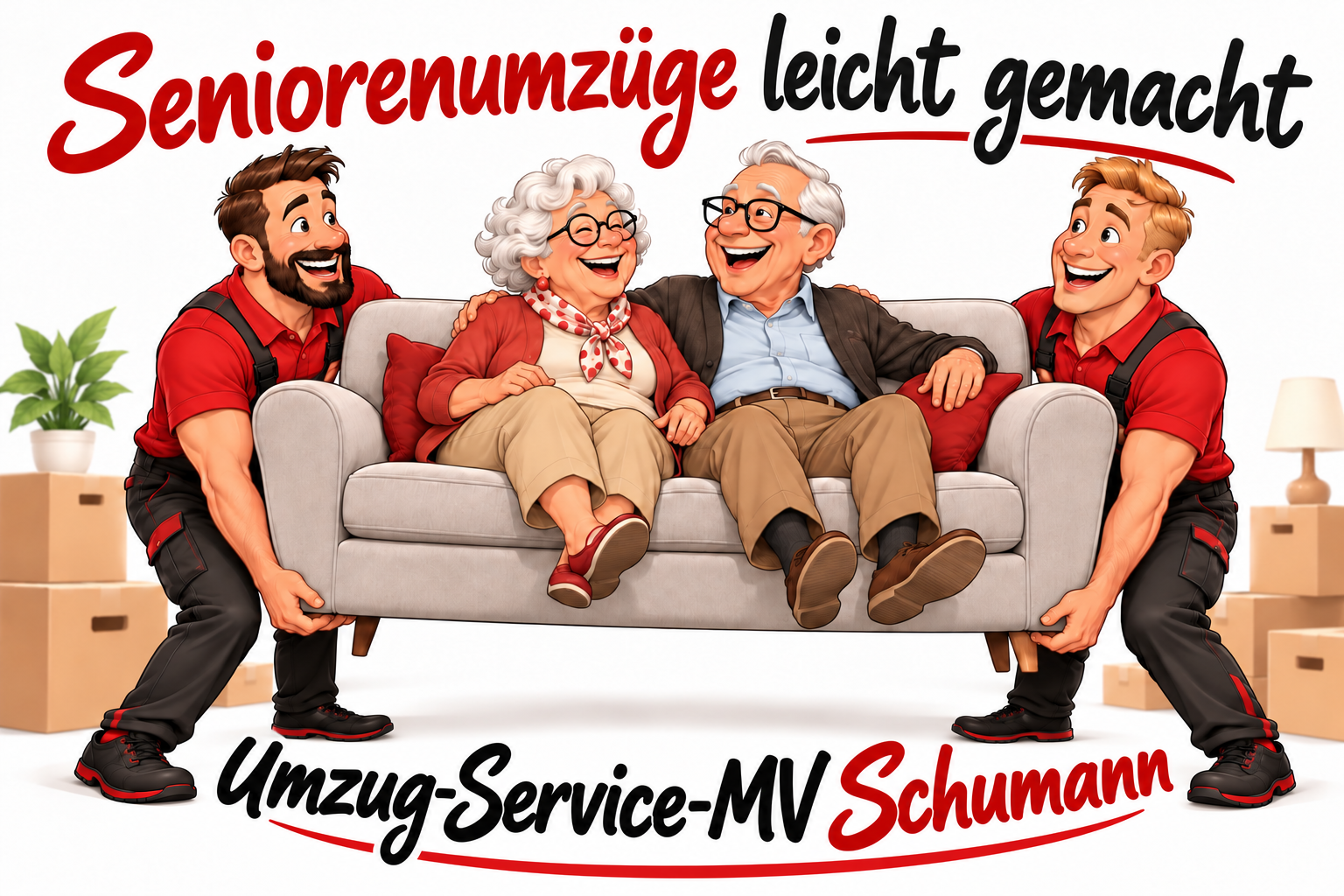 Seniorenumzüge leicht gemacht – Oma und Opa werden lachend auf dem Sofa getragen